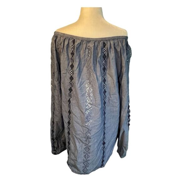 Chico's Chambray Peasant Top Blue Embellished Denim‎ Long Sleeve Boat Neck M - Picture 7 of 9